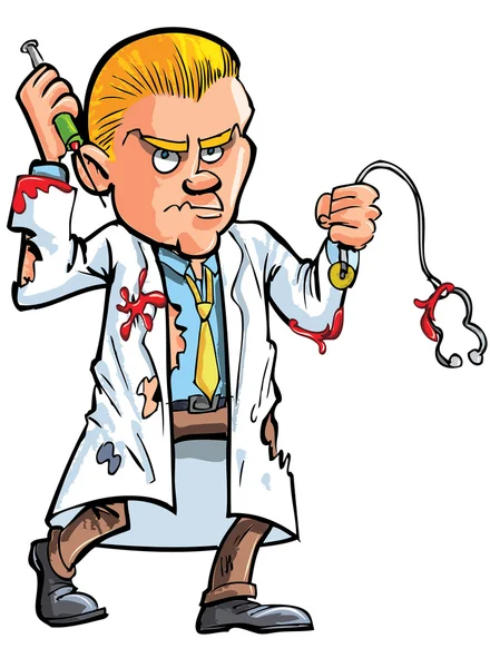 Cartoon blood covered menacing looking doctor — Stock Vector