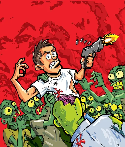 Cartoon of zombies attacking a man with a gun — Stock Vector