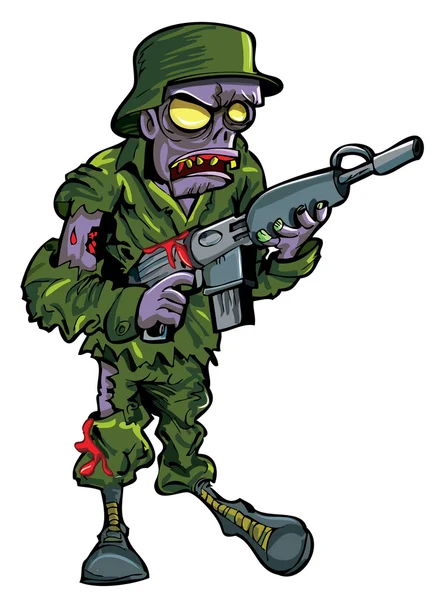 Γελοιογραφία ζόμπι στρατιώτη με ένα πυροβόλο όπλο — Διανυσματικό Αρχείο