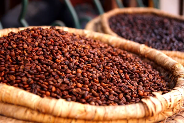 Granos de café en barriles — Foto de Stock