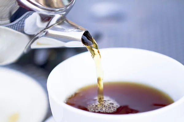 Pouring Hot Tea From Restaurant Style Cattle — Stock Photo, Image