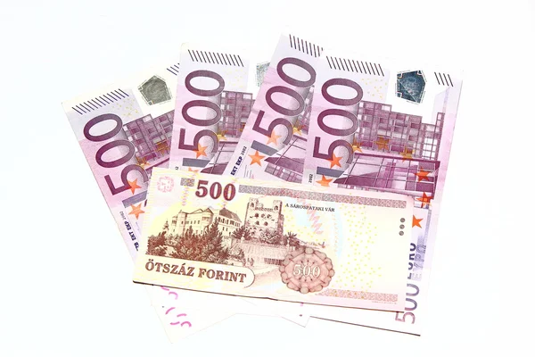 500 Euro mit 500 Forint — Stockfoto