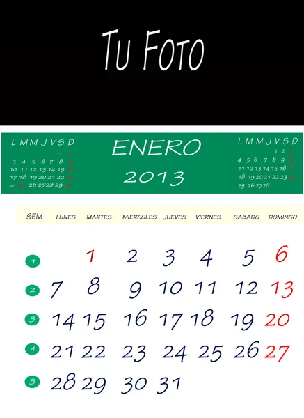 2013 年 1 月的日历 — 图库照片