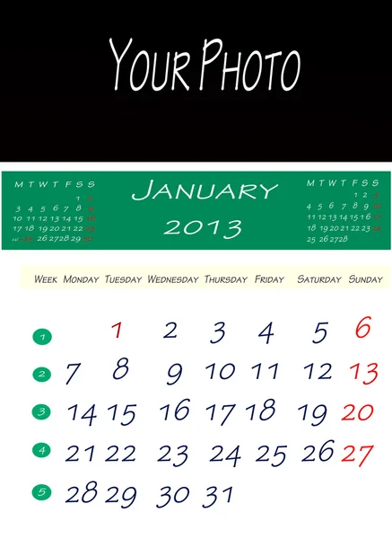 Kalender van januari 2013 — Stockfoto