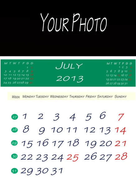 Kalender van juli 2013 — Stockfoto