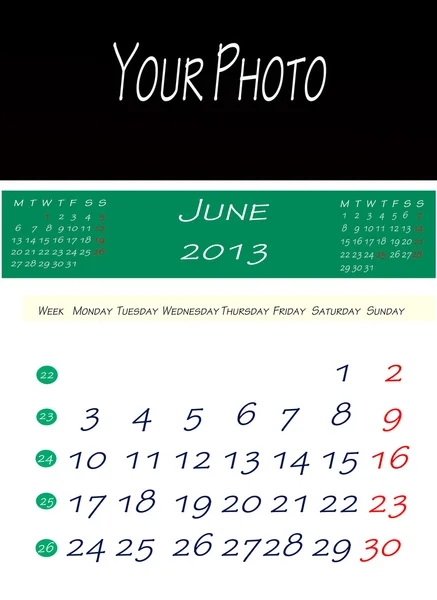 Календарь июня 2013 года — стоковое фото