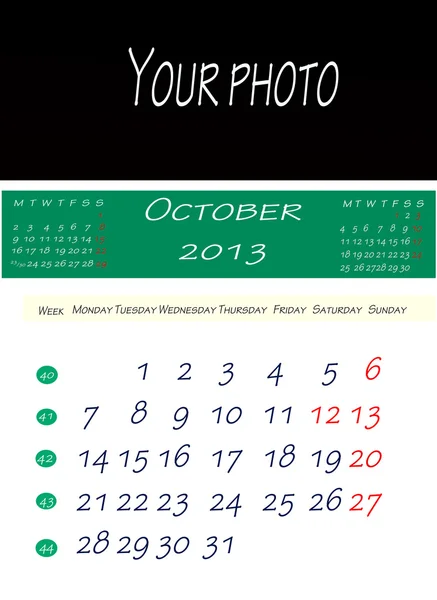 Calendario de octubre 2013 — Foto de Stock