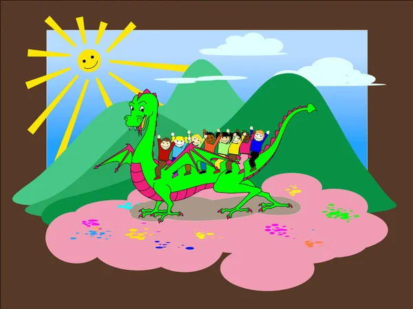 Niños montando el dragón - con el camino de recorte — Vector de stock