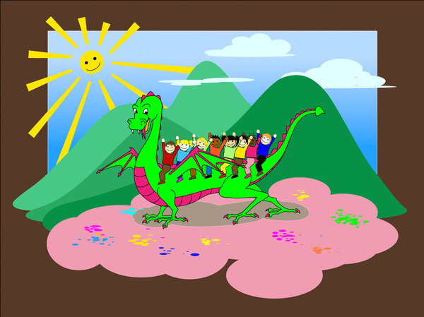 Kids riding the dragon - with clipping path