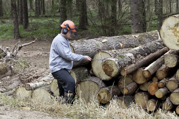 Lumberjack com uma corrente perto de uma pilha de troncos — Fotografia de Stock