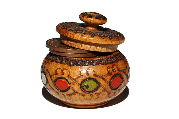 Old Wooden Pot with Coins — Stok fotoğraf
