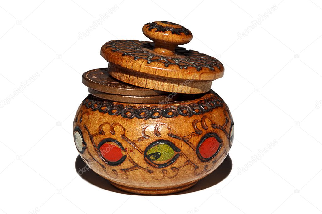 Old Wooden Pot with Coins