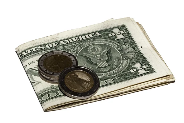 ユーロ硬貨およびドル — ストック写真