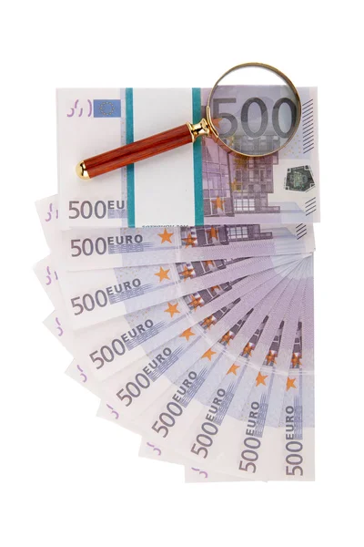 Abanico de euros y lupa —  Fotos de Stock
