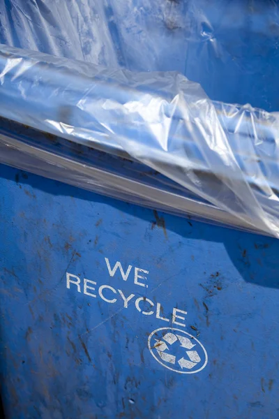 stock image We Recycle - Blue Trash Container Bin