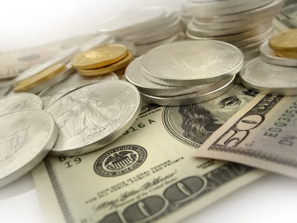 ドル、金と銀の米国のお金 — ストック写真