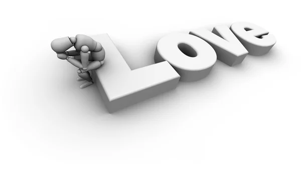Ledsen som sitter på "Love" Text — Stockfoto