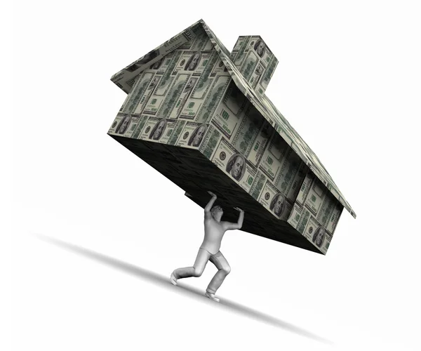Человек, поднимающий дом из денег — стоковое фото