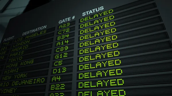 Opóźniony lot lotnisko tablica informacyjna, — Zdjęcie stockowe