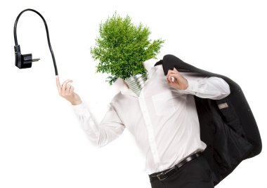 Man wearing on his head light bulb made of a tree symbolizing green energy clipart