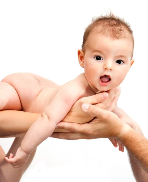 Baby being held by parents palm — Stock Photo, Image