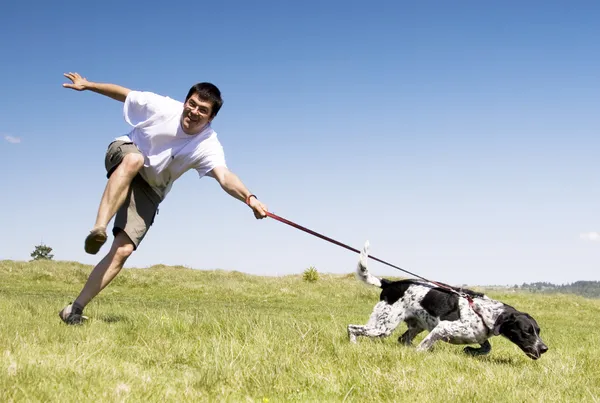Ανθρώπου που παίζει με τον σκύλο του σε ηλιόλουστη καλοκαιρινή μέρα — Φωτογραφία Αρχείου