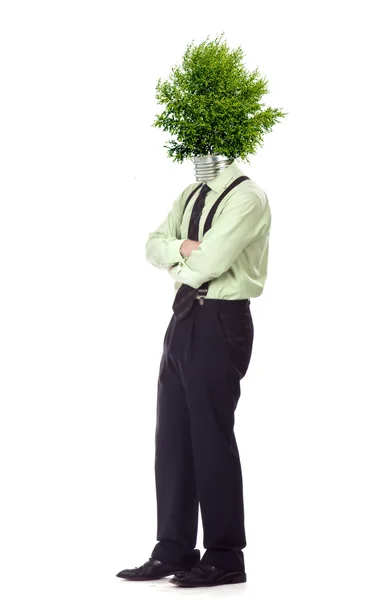 Man wearing on his head light bulb made of a tree symbolizing green energy — Stock Photo, Image