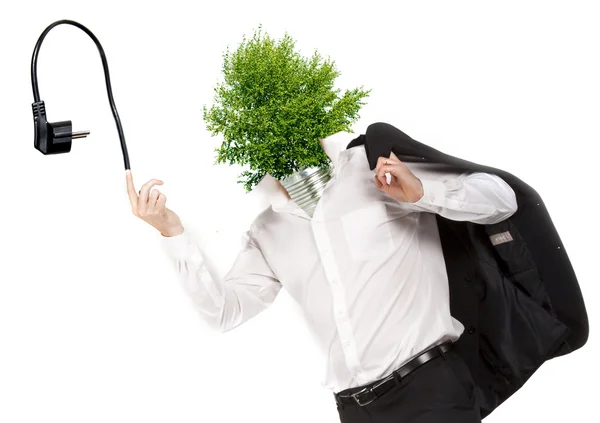 Man wearing on his head light bulb made of a tree symbolizing green energy — Stock Photo, Image