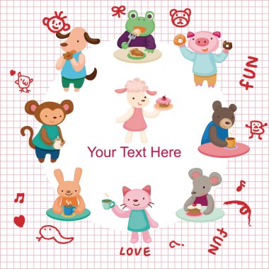 cartoon animal tea time card clipart