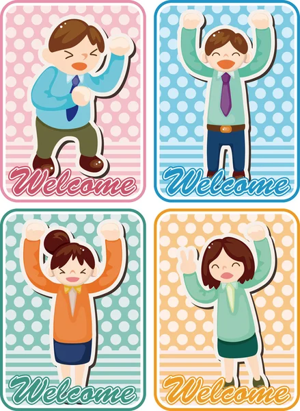 Dibujos animados feliz oficina trabajadores tarjeta — Vector de stock