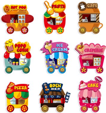 Cartoon market store car icon collection clipart