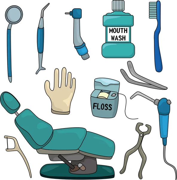 Cartoon tandläkare verktyg Ikonuppsättning — Stock vektor