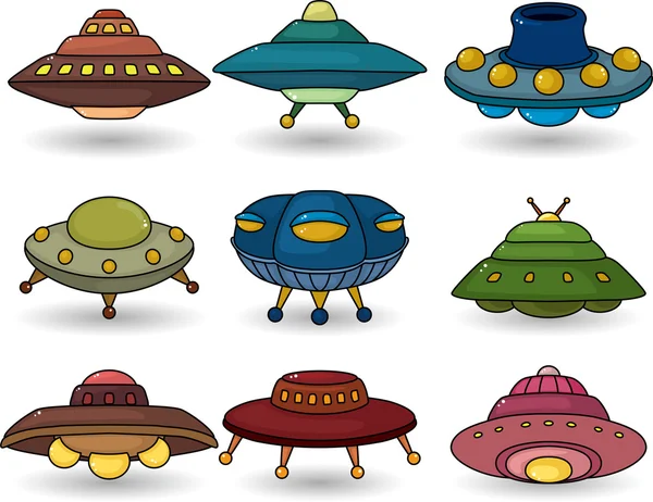 Kreskówka ufo statek kosmiczny zestaw ikon — Wektor stockowy