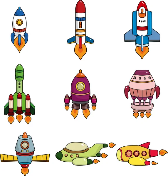 Set icona astronave cartone animato — Vettoriale Stock