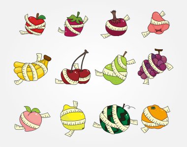 set of fresh fruit and ruler health icon clipart