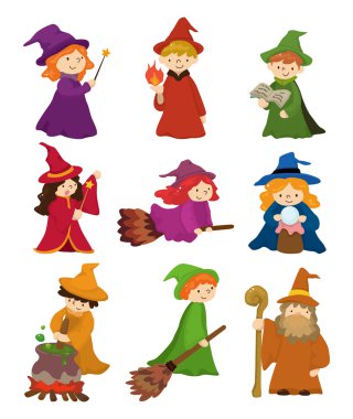 cartoon Wizard and Witch icon set clipart