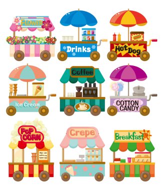 Cartoon market store car icon collection clipart