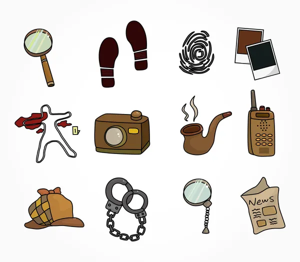 Conjunto de ícones de equipamentos de detetive de desenhos animados —  Vetores de Stock