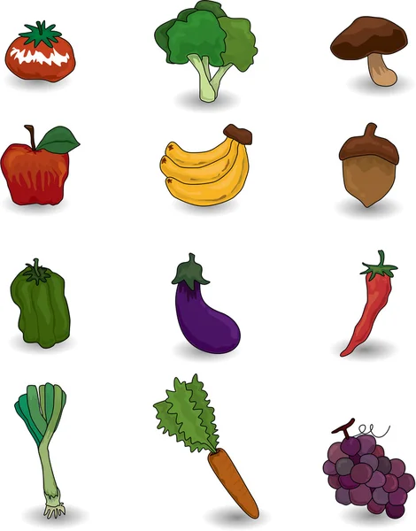 Cartone animato frutta e verdura icona set — Vettoriale Stock