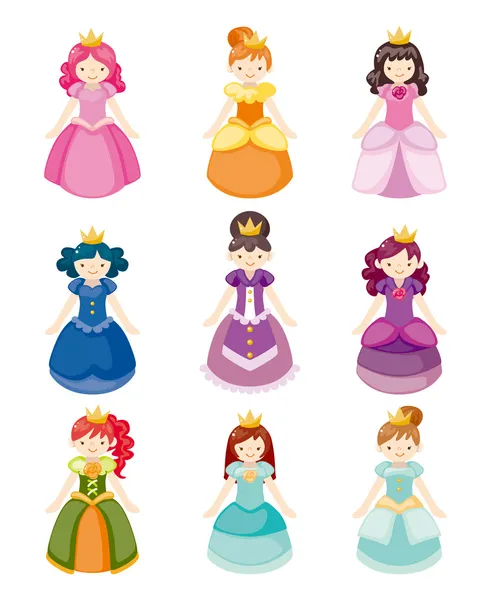 Çizgi film güzel prenses Icons setCartoon mooie prinses pictogrammen instellen — Stockvector