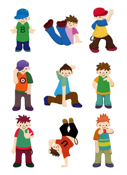 Cartoon hip hop boy dancing icon set — Stock Vector