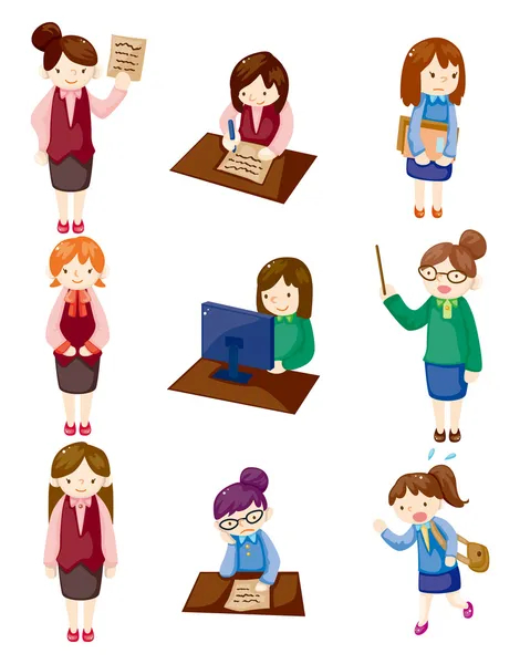 Dessin animé jolie bureau femme travailleur icône ensemble — Image vectorielle