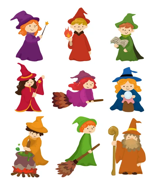 Cartoon wizard och witch Ikonuppsättning — Stock vektor