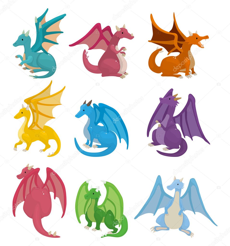 cartoon fire dragon icon set