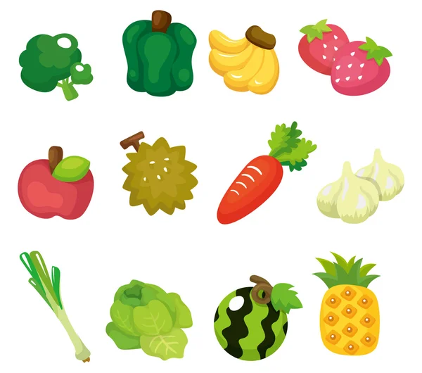 Conjunto de iconos de frutas y verduras de dibujos animados — Vector de stock