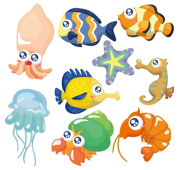 Tecknade fisk samling, Ikonuppsättning — Stock vektor