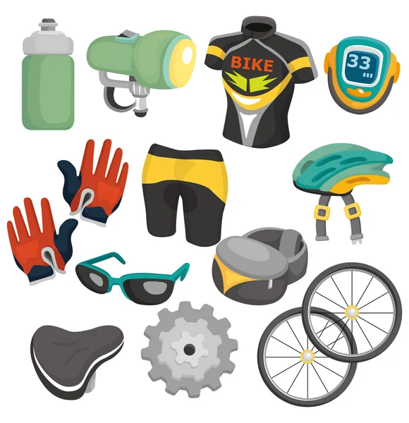 Desenho animado conjunto de ícones de equipamentos de bicicleta — Vetor de Stock