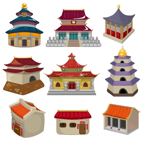 Desenho animado conjunto de ícones da casa chinesa — Vetor de Stock