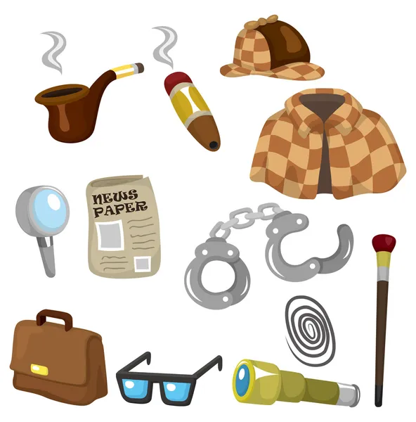 Set di icone per attrezzature detective dei cartoni animati — Vettoriale Stock