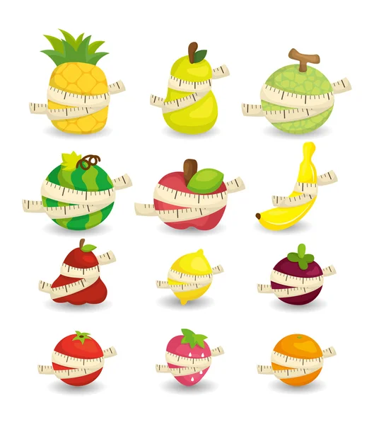 Set van vers fruit en liniaal gezondheid pictogram — Stockvector